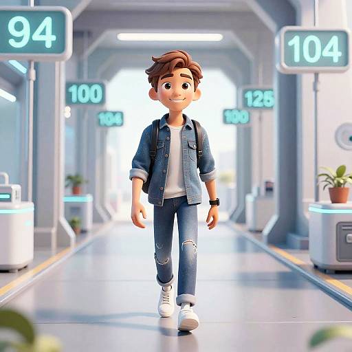 Stylized Young Man Walking Through Futuristic Timeline Corridor