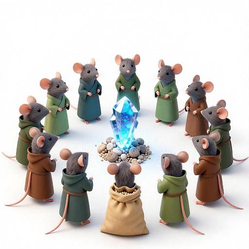 Mice Community Around Glowing Blue Crystal