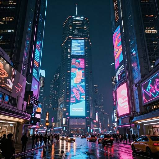 Neon-lit, bustling city street at night with towering skyscrapers, colorful digital billboards, crowded pedestrians, and yellow taxis on wet pavement