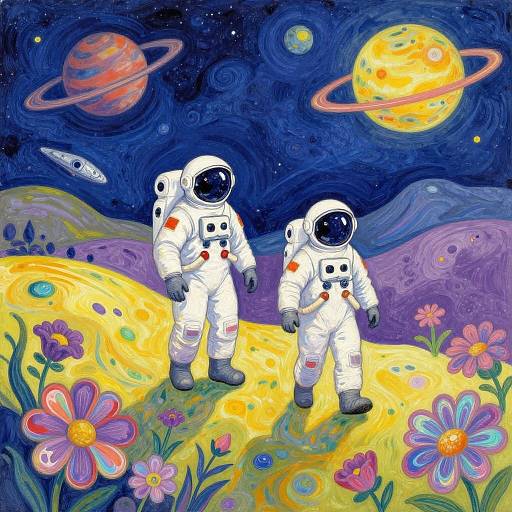 Whimsical digital painting: Two astronauts in white suits stand on colorful, flower-filled hill under a starry night sky with planets and a flying sa
