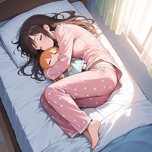 Overhead Shot: Sleeping Girl Hugging Doll