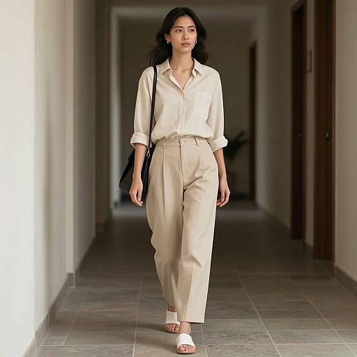 Photograph of a young woman with long dark hair, wearing a white blouse and beige high-waisted pants, walking down a dimly lit hallway