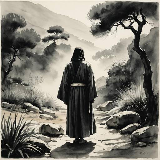 Monk in Garden of Gethsemane Ink Wash