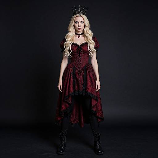 Photograph of a pale-skinned blonde woman with long wavy hair, wearing a black crown, dark red gothic dress, black boots, and