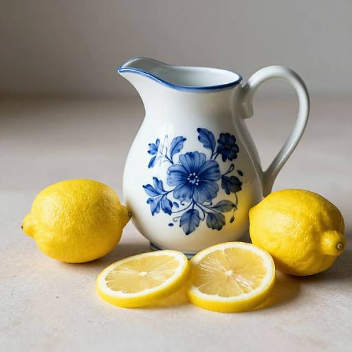 Luminous Lemons with Blue Floral Pitcher