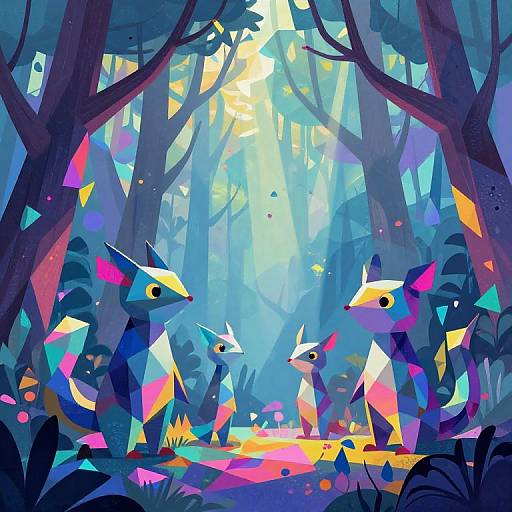 Vibrant digital illustration of colorful, geometric fish in a blue-purple forest with sunlight filtering through trees, creating a magical atmosphere.