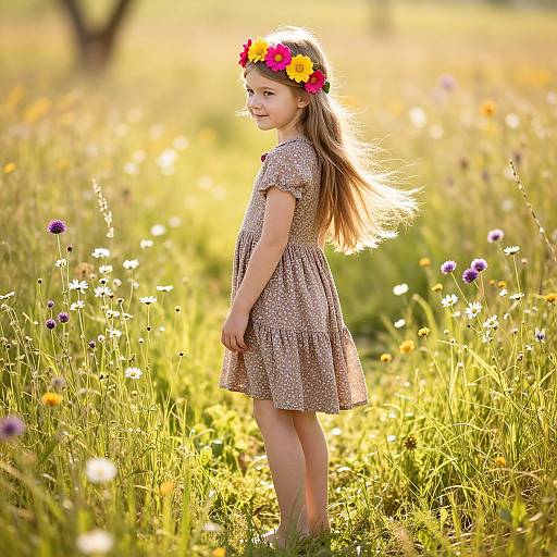 Photograph of a young girl with long brown hair, wearing a floral headband and brown patterned dress, standing in a sunlit meadow filled