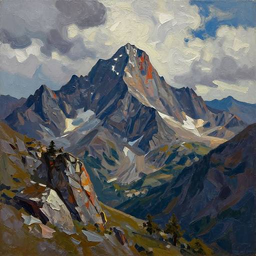 Impressionist-style painting of a mountain range with snow-capped peaks, vibrant colors, cloudy sky, and rugged terrain in the foreground.