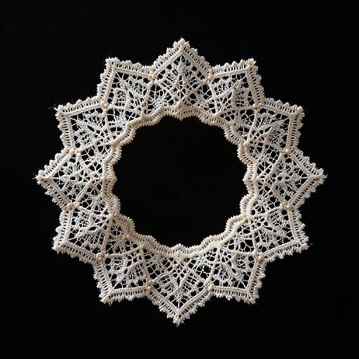 Photograph of an intricate, white lace circular doily against a solid black background, highlighting the delicate, symmetrical lacework.