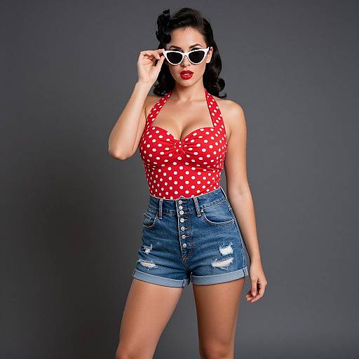 Photograph of a woman with dark hair, red polka dot halter top, high-waisted denim shorts, white sunglasses, and red lipstick
