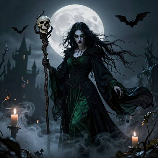 Dark fantasy artwork of a pale, long-haired witch with black dress, holding a skull-topped staff, under a full moon, surrounded by bats,
