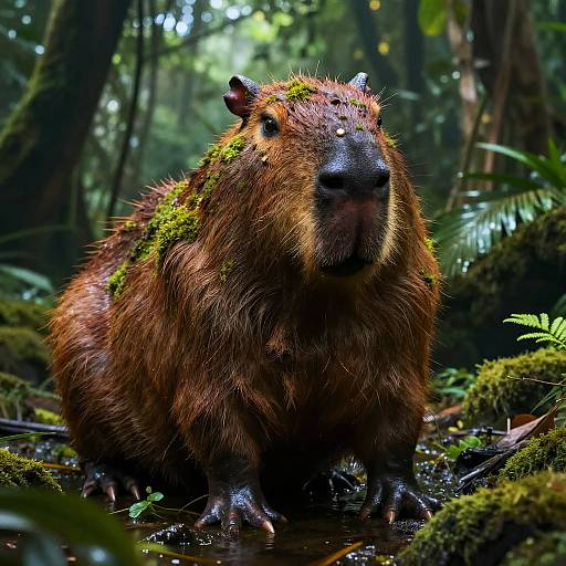 Photograph of a large, brown, moss-covered beaver-like creature with small horns standing in a lush, green forest stream.