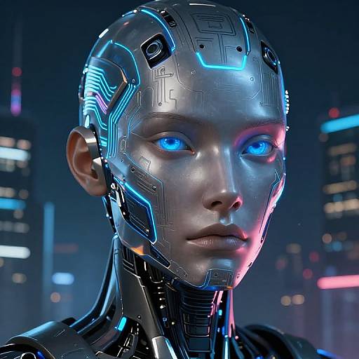 CGI image of a futuristic, cybernetic woman with glowing blue eyes, sleek metallic face, and intricate circuitry patterns, set against a neon