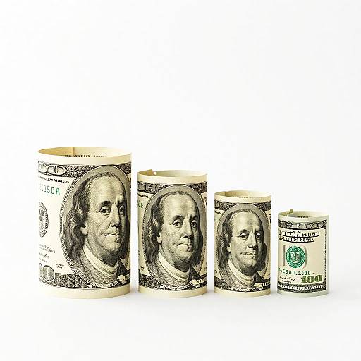 Photograph of four stacked, miniature U.S. dollar bills in ascending size, featuring portraits of Benjamin Franklin, white background.