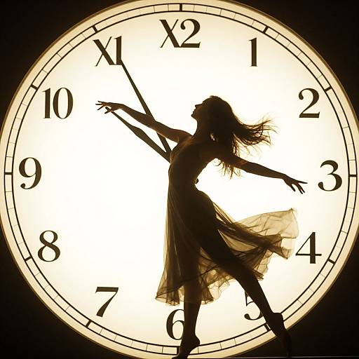 Silhouetted woman in flowing dress, arms raised, against a bright clock face with black numerals, creating a dynamic, energetic pose.