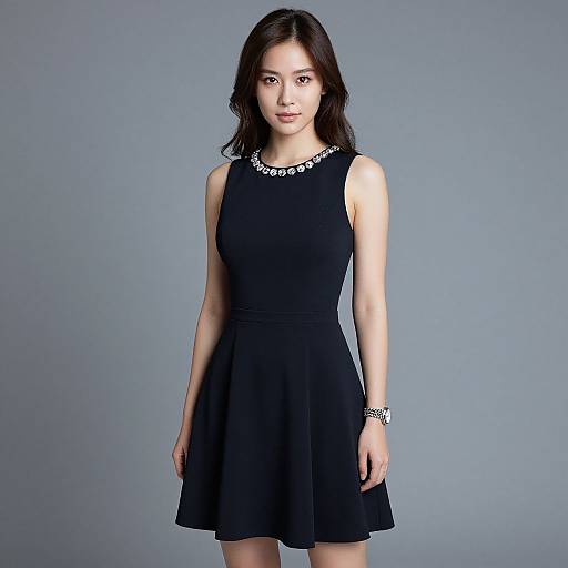 Photograph of an Asian woman with fair skin, wearing a sleeveless black dress with a flared skirt, silver necklace, and bracelet, standing against