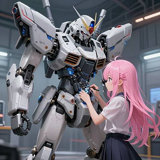 Mecha Anime Girl Repairing Futuristic Mech
