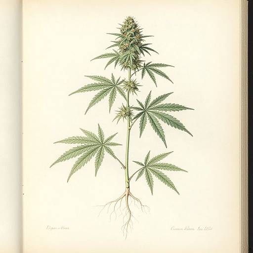 Detailed botanical illustration of a cannabis plant with green, serrated leaves and visible roots, set against a plain white background.