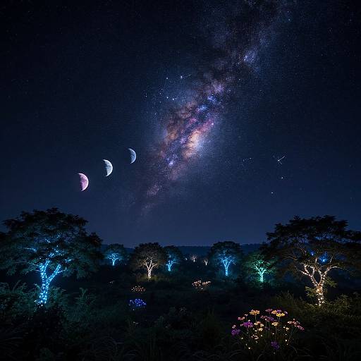 Photograph of a night sky with visible Milky Way, crescent moon phases, and illuminated trees with blue and purple lights.