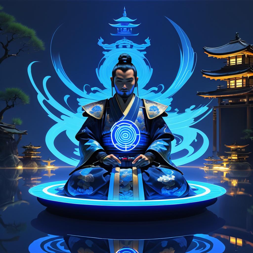 Futuristic Samurai Meditating on Floating Island