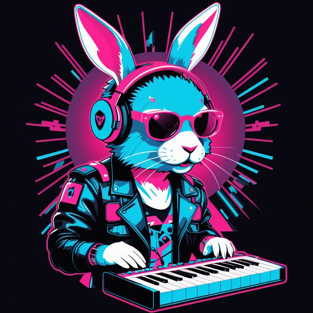 Punk 80s Cyborg Rabbit with Synthesizer