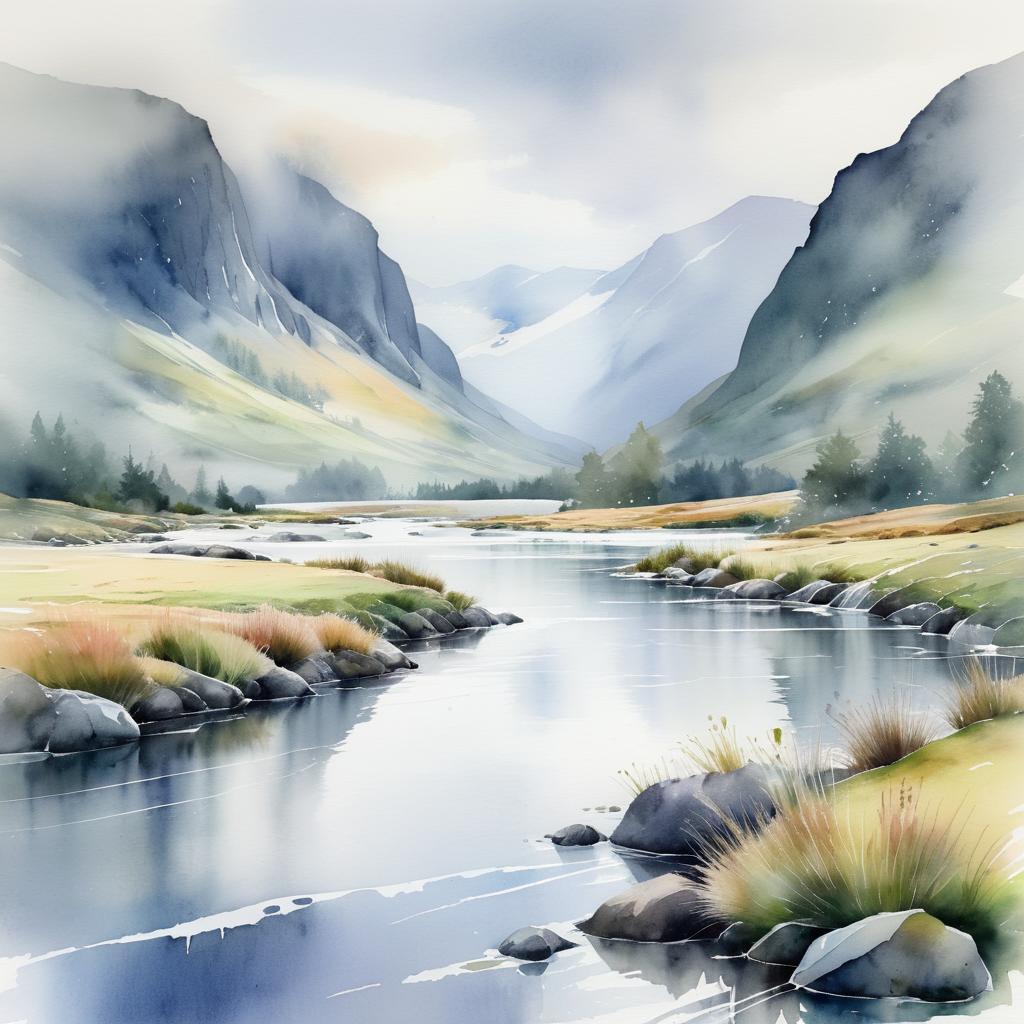 Misty Scottish Highlands Watercolor Landscape