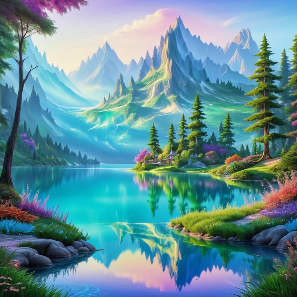 Serene Fantasy Lake in Vibrant Colors