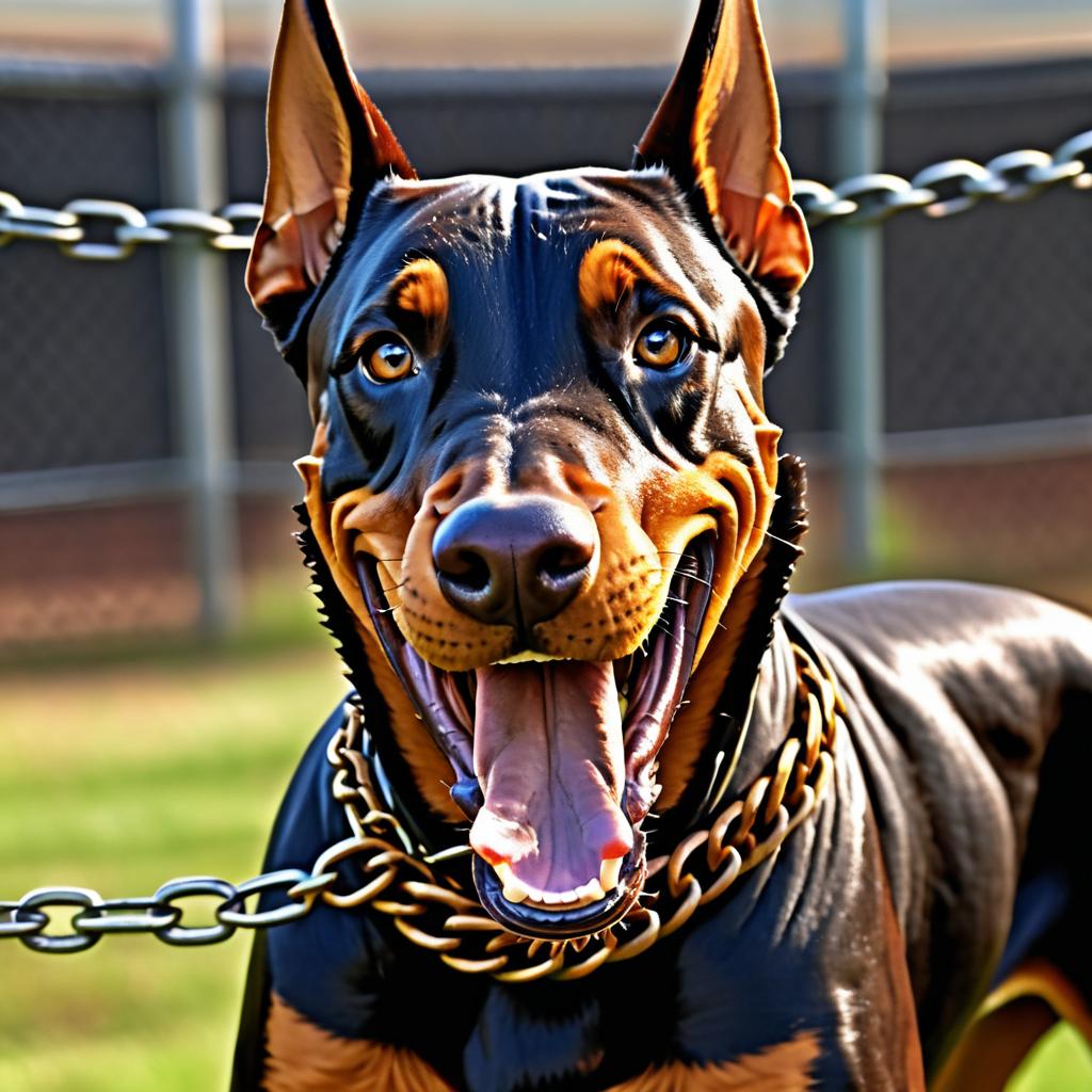 Angry Doberman Behind Rusty Fence Close-Up