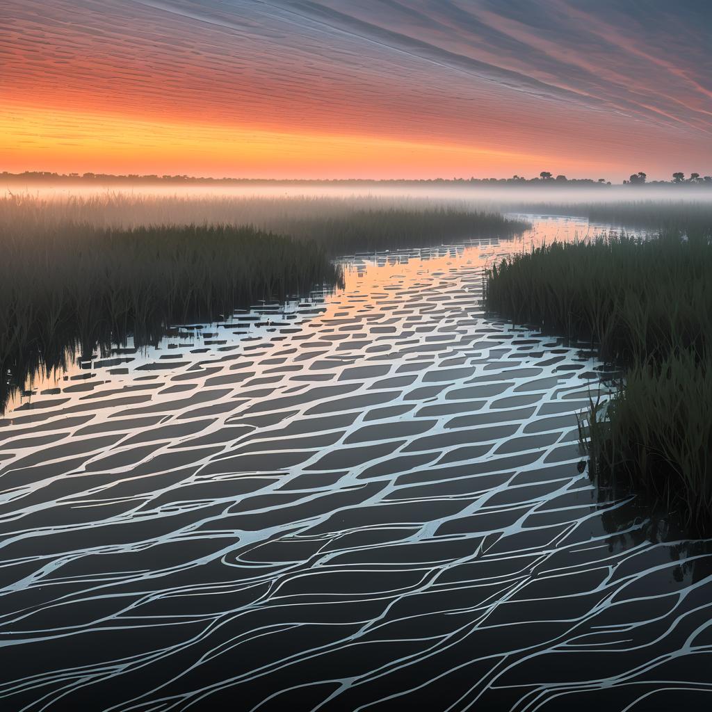 Foggy Dawn Overlapping Marshy Delta Patterns