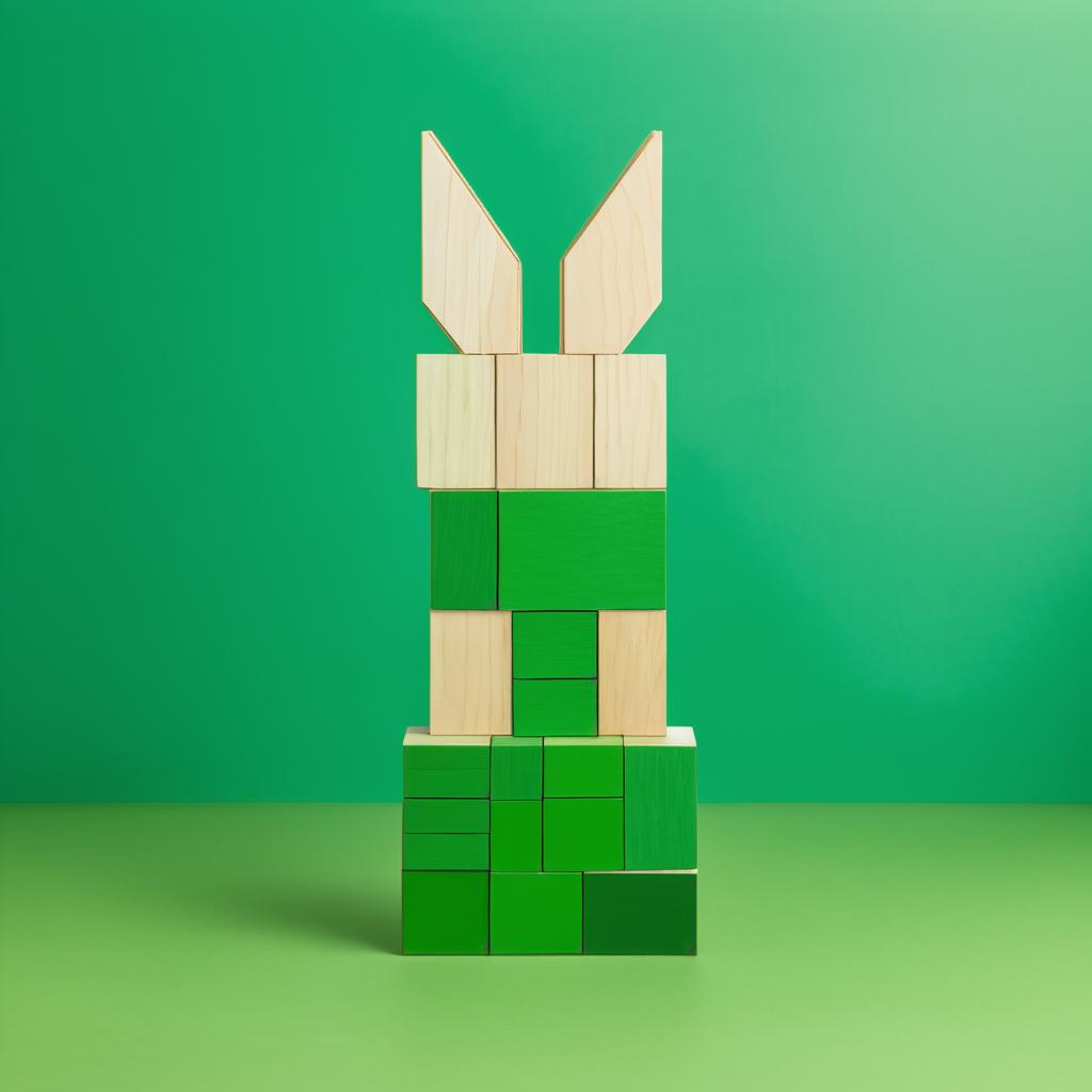 Wooden Block Rabbit on Green Canvas