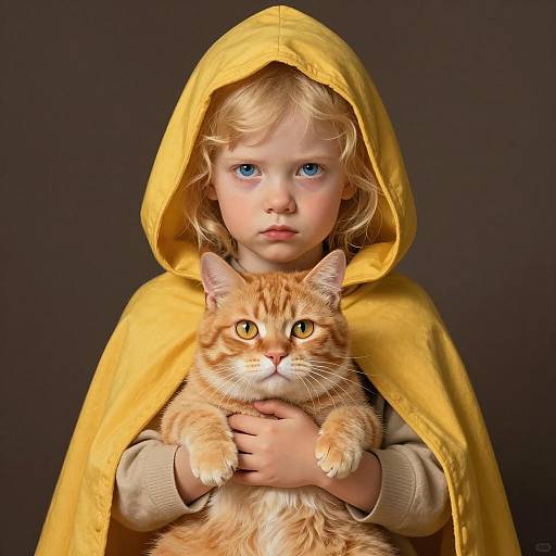 Serious Child with Cat in Cloak