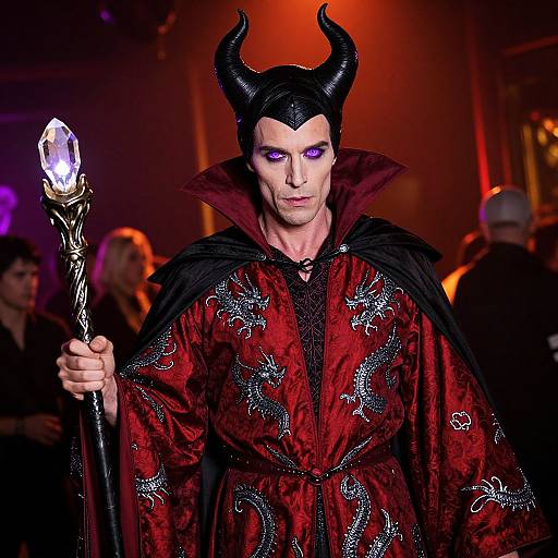 Photograph of a pale male figure in dark, ornate red and black devil costume with black horns, holding a glowing crystal staff, in a dim