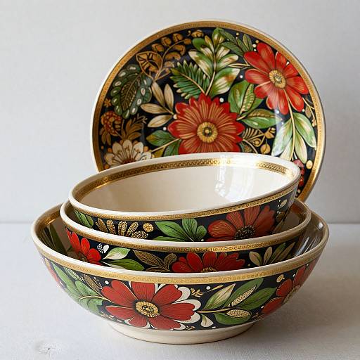 Photograph of three stacked ceramic bowls and one matching plate, featuring vibrant red, yellow, and green floral patterns on a black background with gold trim.