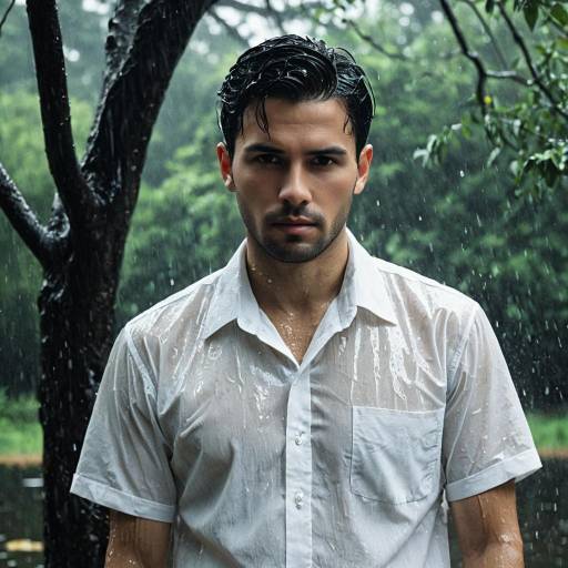 Man in Wet White Shirt Standing Outdoors in Rain