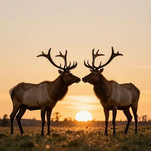 Photograph of two male deer with large antlers facing each other at sunset, silhouetted against a glowing orange sky.
