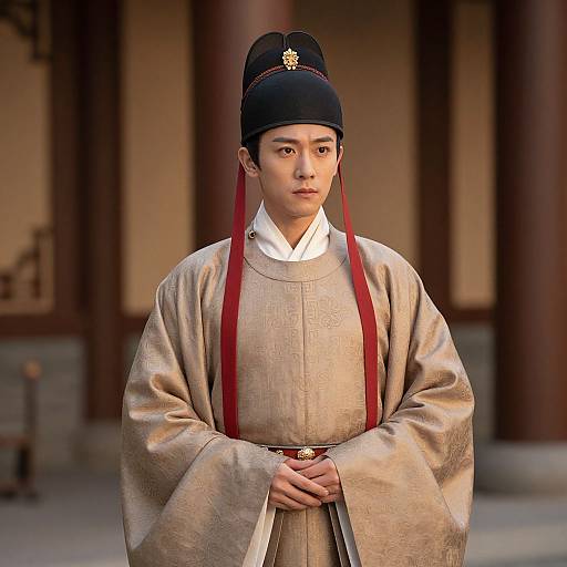 Photograph of an East Asian man in traditional Korean royal attire, featuring a black hat with a gold emblem, beige robe, red suspenders, and