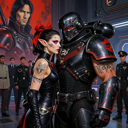 Digital art of a black-clad, elf-eared woman with red bow, tattoos, and leather gloves, intimately close to a armored man in a