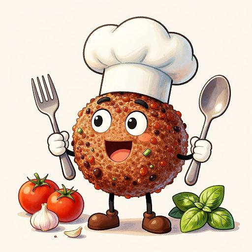 Cartoon chef character with a meatball body, white hat, holding fork and spoon, surrounded by tomatoes, garlic, and basil.