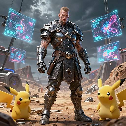CGI image of a muscular, tattooed man in futuristic armor standing between two Pikachu, with glowing holographic screens above. Desert wasteland background.