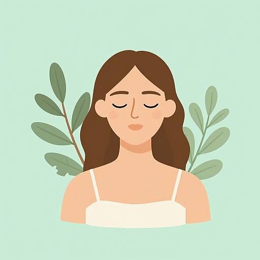Digital illustration of a serene woman with closed eyes, brown hair, wearing a white tank top, flanked by green leafy branches on a light blue