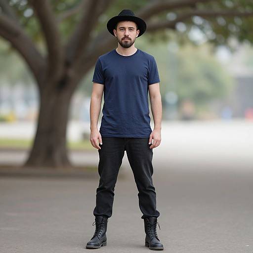 Photograph of a bearded man with a dark hat, navy t-shirt, black pants, and boots standing on a tree-lined street.