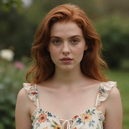 Photograph of a young woman with fair skin and red hair, wearing a floral sundress, standing in a blurred green garden.