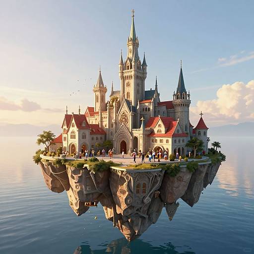 Photorealistic CGI of a floating medieval castle with red roofs, ornate towers, and a group of people on a rocky island, surrounded by calm
