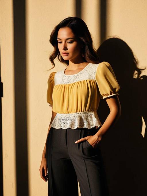 Woman in Pastel Yellow Peplum Top and Dark Grey Trousers
