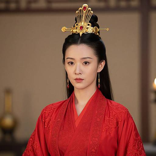 Photorealistic digital portrait of an East Asian woman with pale skin, black hair in a bun, wearing a gold ornate crown and red, intric