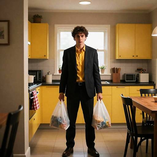 Man with Intense Expression in Kitchen