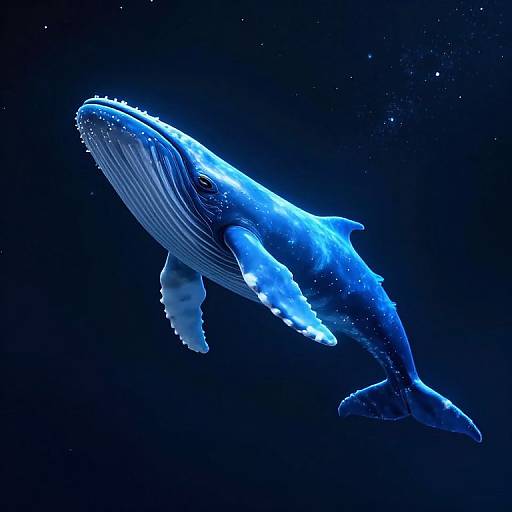 Photograph of a glowing blue humpback whale with detailed ridges, swimming in a dark, star-filled ocean, illuminated by bioluminescence