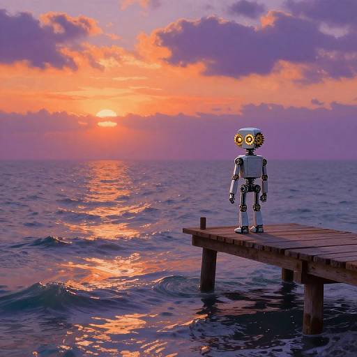 Photograph of a robotic figure with glowing yellow eyes standing on a wooden pier, overlooking a sunset-lit, purple-orange ocean.