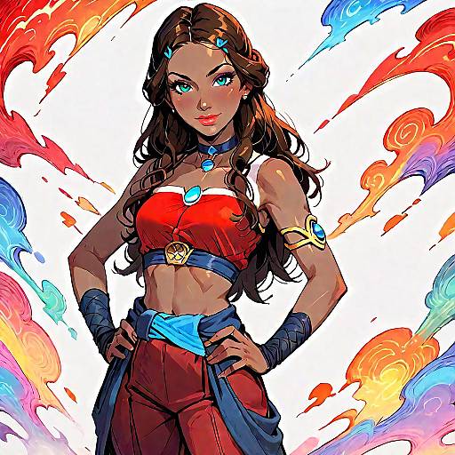 Digital artwork of Wonder Woman with long brown hair, blue eyes, red top, blue belt, red pants, and colorful swirling background.