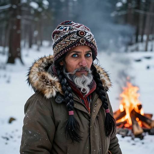 Photograph of an older man with a white beard, braided hair, wearing a patterned winter hat and fur-trimmed coat, standing by